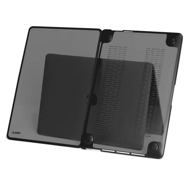 Slim bottom profile showing precise port access cutouts on the LAUT HUEX PROTECT case for MacBook Air 15-inch 2023 Frost Black at Tradeline.