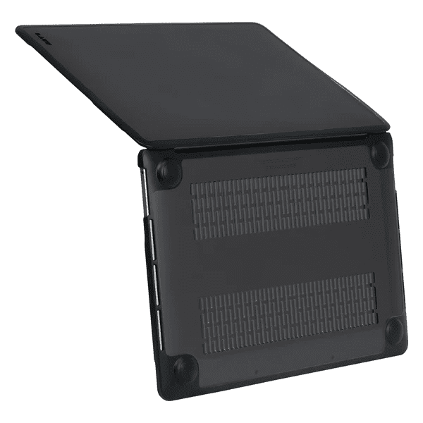 Three-quarter open perspective of the matte finish LAUT HUEX PROTECT case for MacBook Air 15-inch 2023 in Frost Black at Tradeline Egypt.