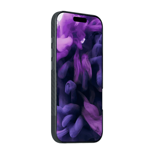 front side view of the premium Laut KEV PROTECT Dupont Aramid Fiber case for iPhone 17 in Black showing the textured weave at Tradeline.