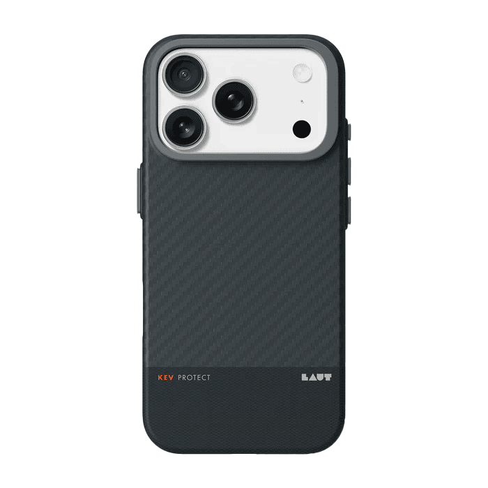 Rear view of the heavy-duty Laut KEV PROTECT Dupont Aramid Fiber case for iPhone 17 Pro Max in Black colorway available at Tradeline.