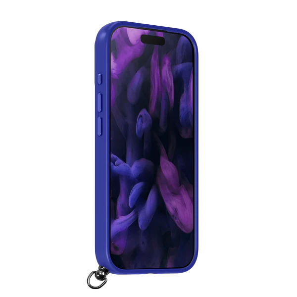 Front side view demonstrating the responsive tactile overlay buttons of the Laut KEYKO POP case for iPhone 17 Pro Indigo Tide from Tradeline.