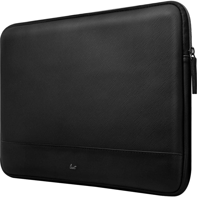 Side profile view highlighting the slim form factor of the LAUT PRESTIGE protective sleeve for MacBook 16-inch Black at Tradeline.