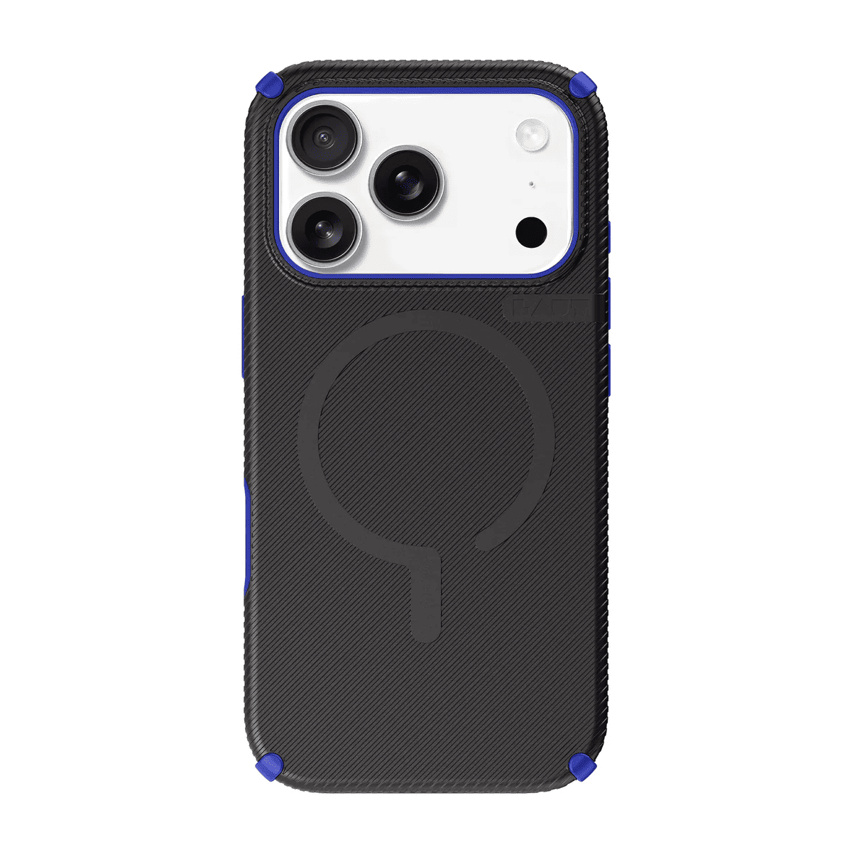 Rear view showcasing the impact-resistant back plate of the Laut SHIELD FLUX case for iPhone 17 Pro Max in Midnight Blue from Tradeline.