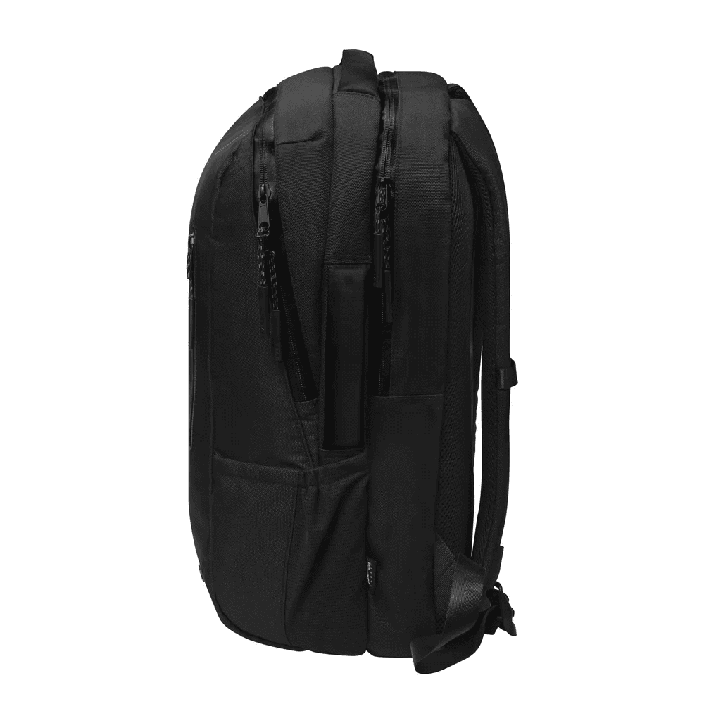 Side view highlighting the expandable bottle pocket and compression strap arrangement of the LAUT URBAN EXPLORER 24ltr Black bag from Tradeline.