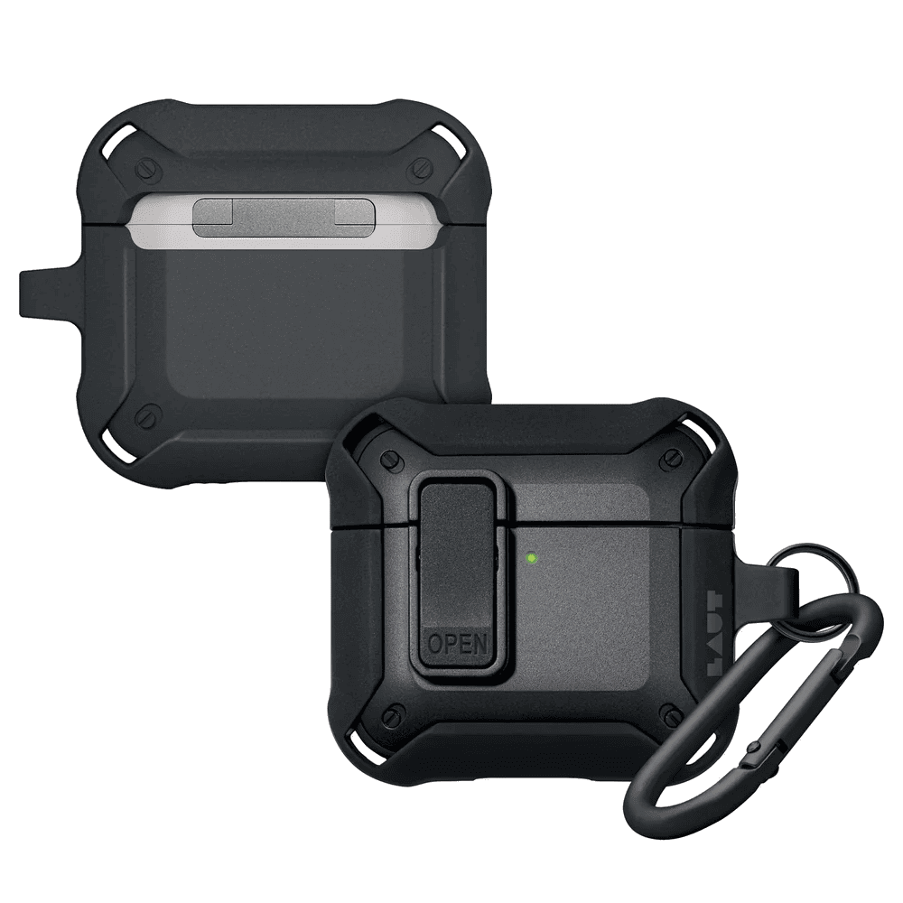 Rear view detailing the flexible hinge design and precise base port cutout of the LAUT ZENTRY case for AirPods 4 Black from Tradeline.