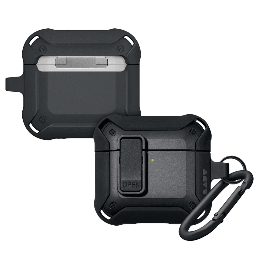 Rear view detailing the flexible hinge design and precise base port cutout of the LAUT ZENTRY case for AirPods 4 Black from Tradeline.